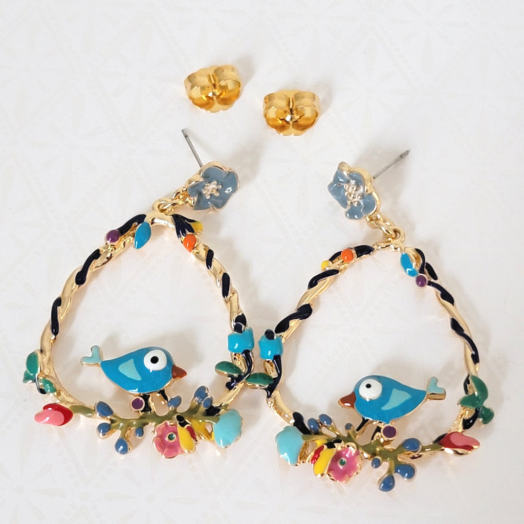 Colorful, boho enamel blue bird earrings, gold tone drop hoops.