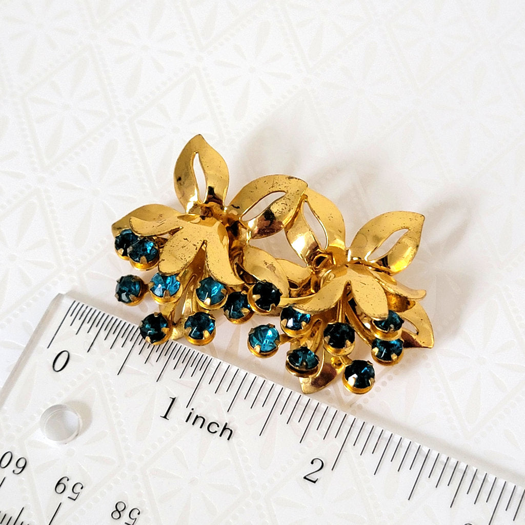Aqua Rhinestone 40s Flower Brooch