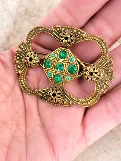 Old World Style Stamped Brass Brooch with Green Rhinestones