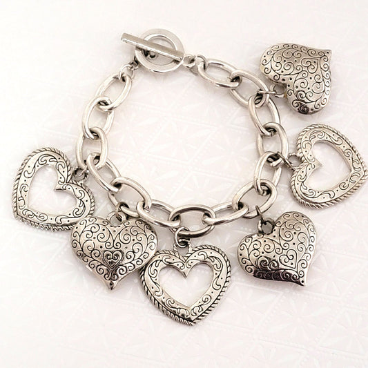 big hearts, chunky silver tone charm bracelet
