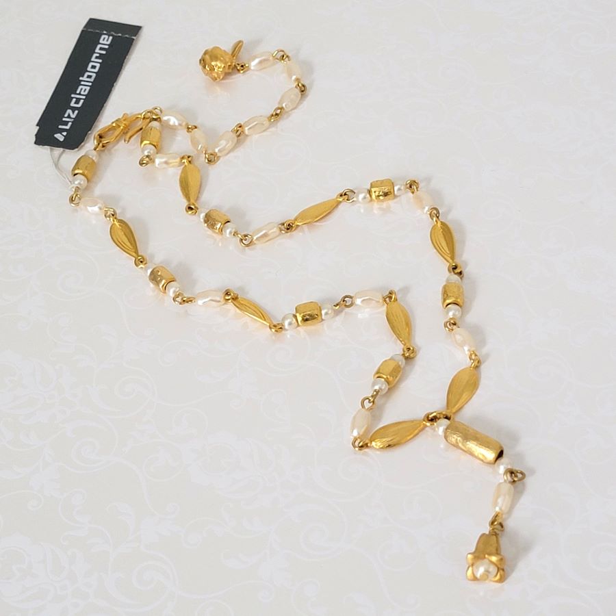 Liz Claiborne faux pearl and gold tone Y style choker necklace.