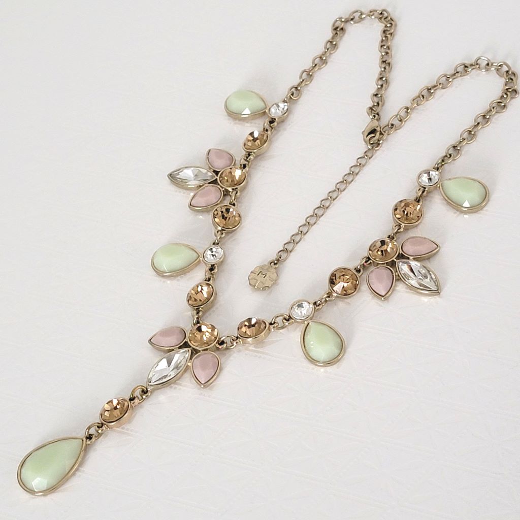 Monet pink, green and champagne color rhinestone necklace.