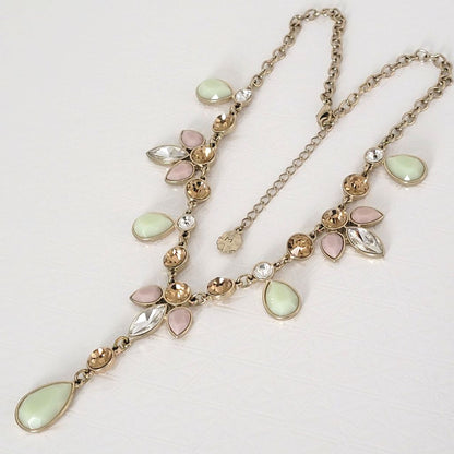 Monet pink, green and champagne color rhinestone necklace.