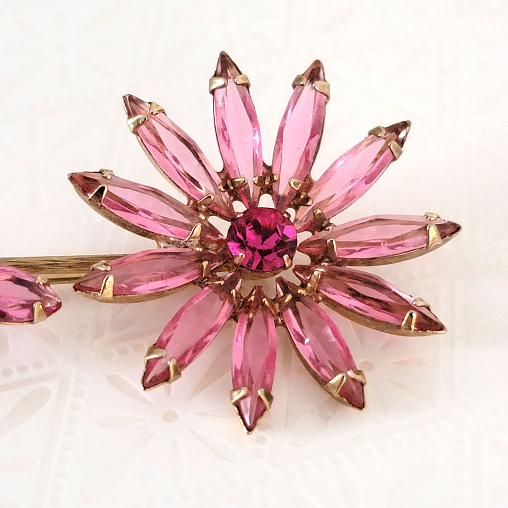 pink rhinestone flower brooch, closeup of flower head