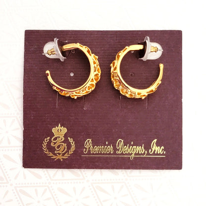 Premier Designs gold tone filigree hoop earrings on original card
