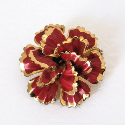Vintage red and gold enamel carnation flower pin.