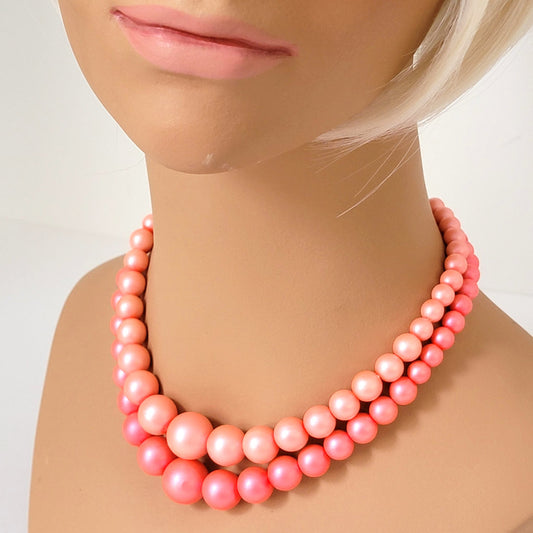 Vintage two tone peach orange faux pearl choker, double strand, 60s style.