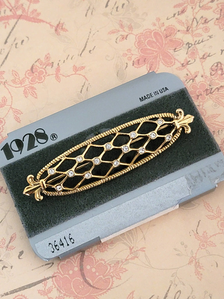 1928 jewelry, rhinestone bar brooch, openwork lattice style, on its original card