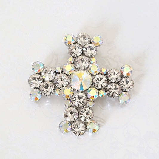 Large rhinestone cross pendant brooch, with clear and aurora borealis stones, in a silver tone setting.