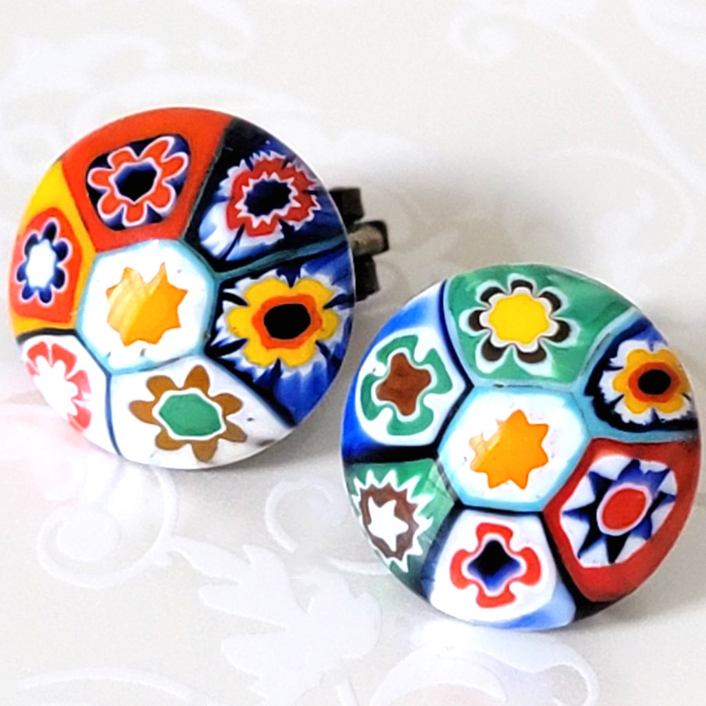 Vintage button style millefiori floral multicolor glass clip-on earrings.